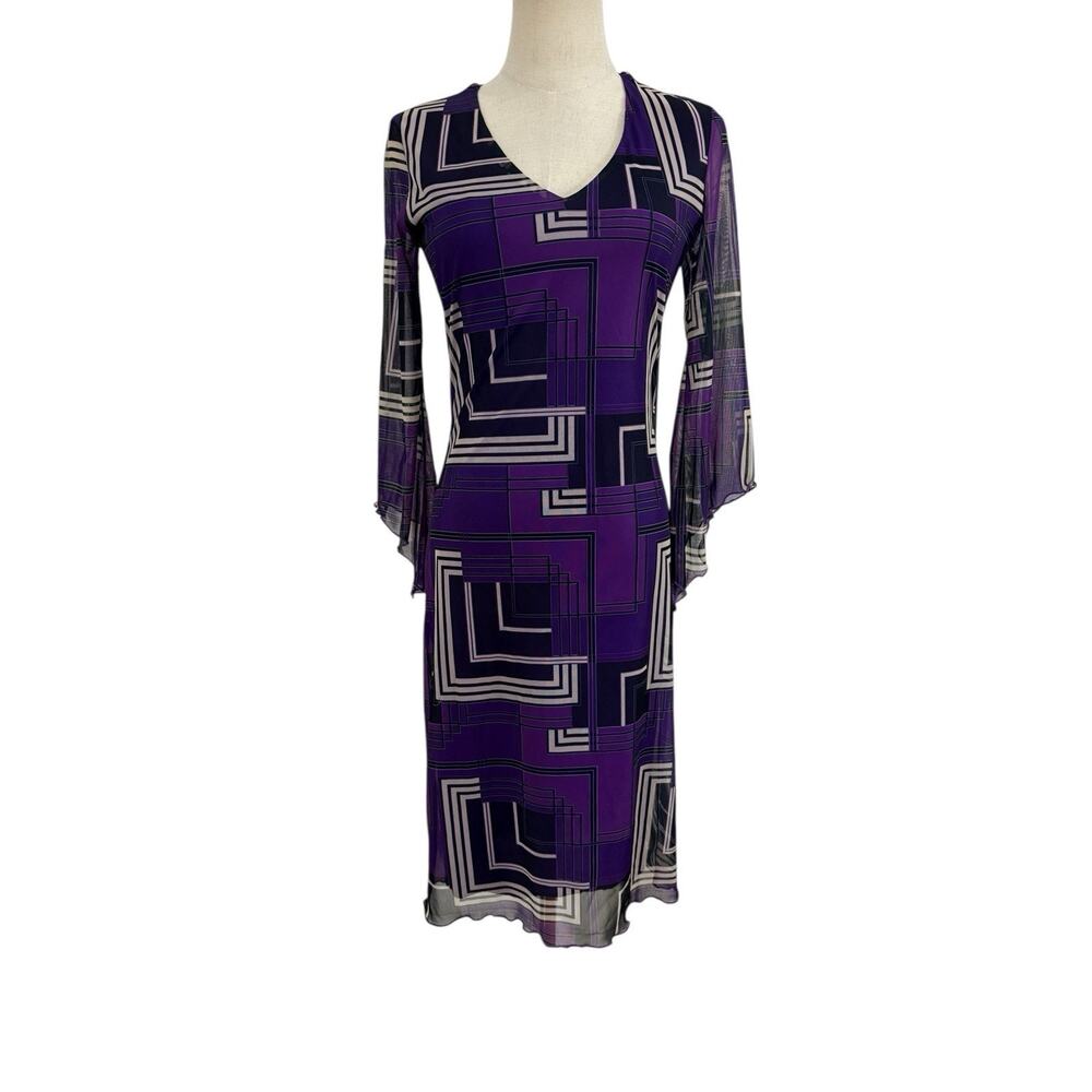 Vtg 90s Y2K Dress Purple Geometric Print Mesh Flutter Bell Sleeve Sz S